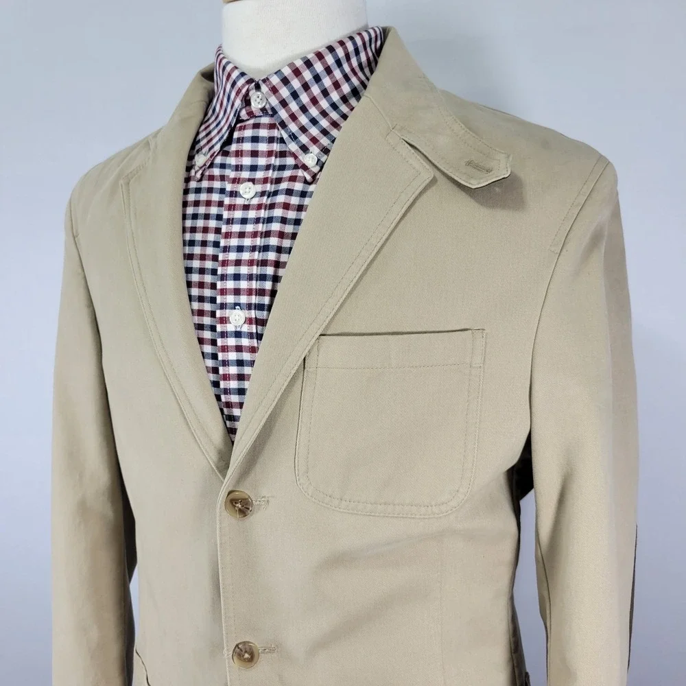 Lands End Mens Sport Coat Blazer Three Button Beige Cotton Surgeon Cuff Size 38R